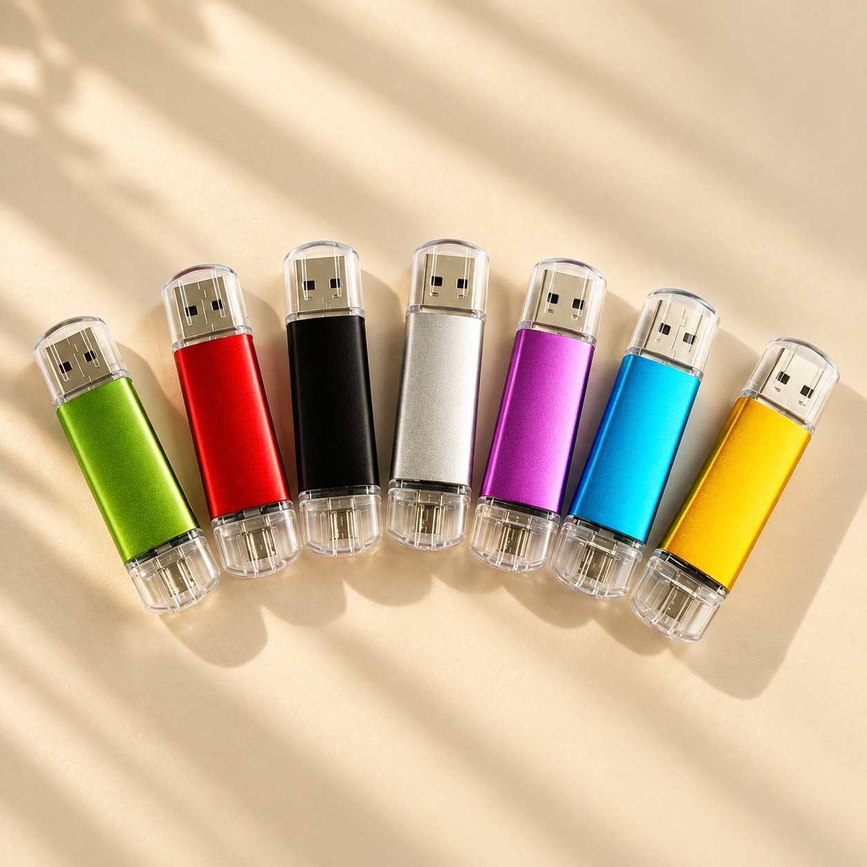 Tujuh pemacu USB disusun dalam kemasan logam berbeza (hijau, merah, hitam, perak, ungu, biru, kuning), menunjukkan julat pilihan casing dan penyambung ditawarkan untuk pesanan tersuai.