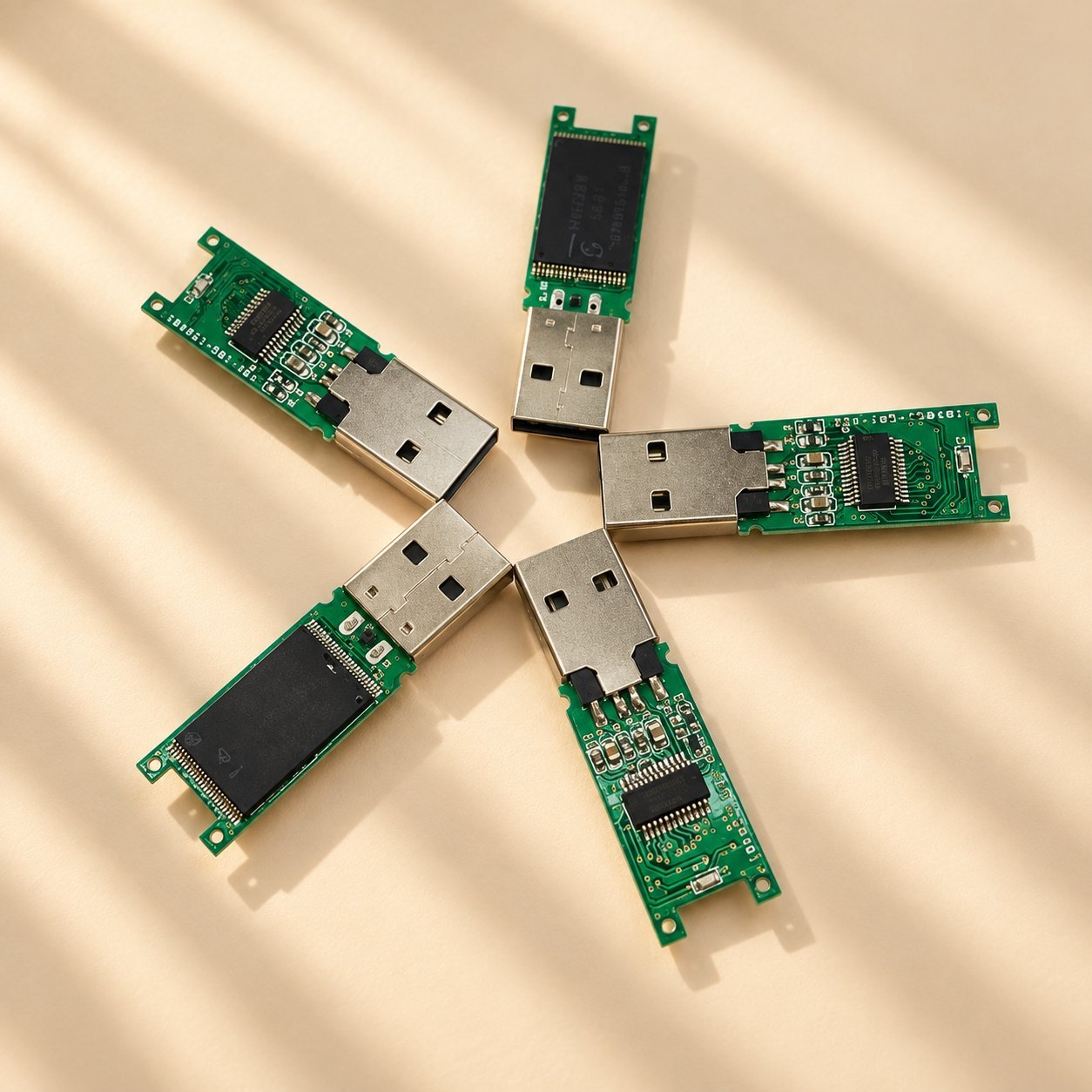 Lima PCB pemacu USB dibongkar disusun dalam corak bintang, setiap satu menunjukkan penyambung USB-A, cip pengawal, dan cip memori NAND hitam pada papan litar hijau.