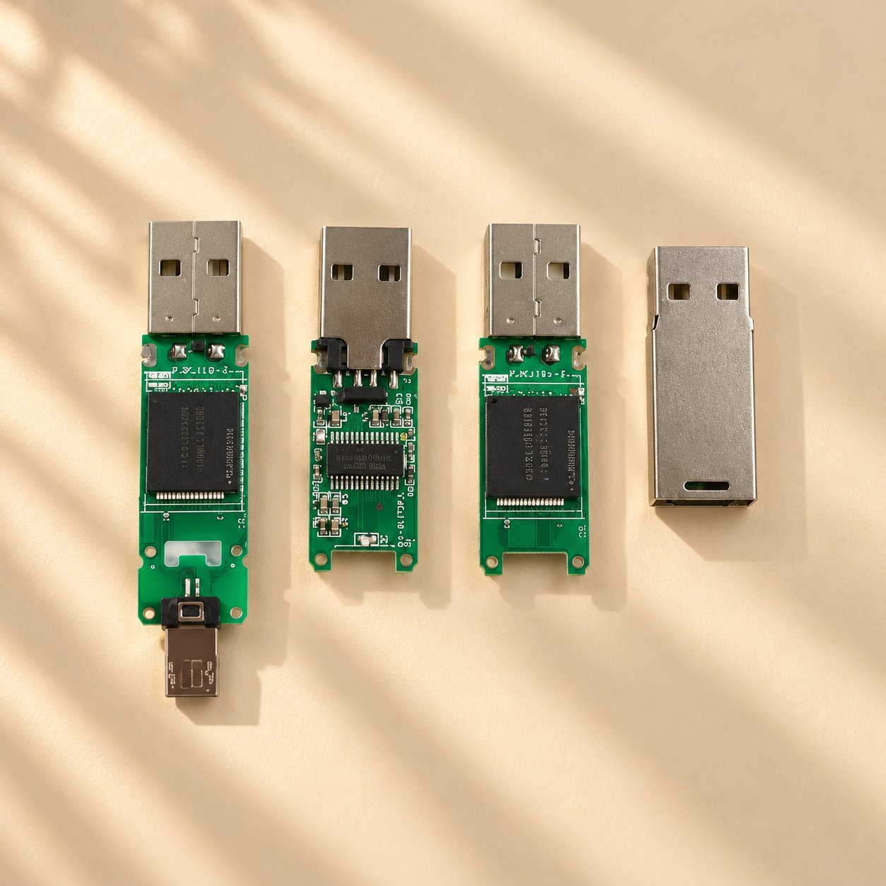 Tiga PCB pemacu USB terbuka disusun di sebelah casing luar logam kosong, menunjukkan bagaimana pengawal, cip NAND, dan penyambung duduk pada papan dan bagaimana casing meliputi pemasangan itu.