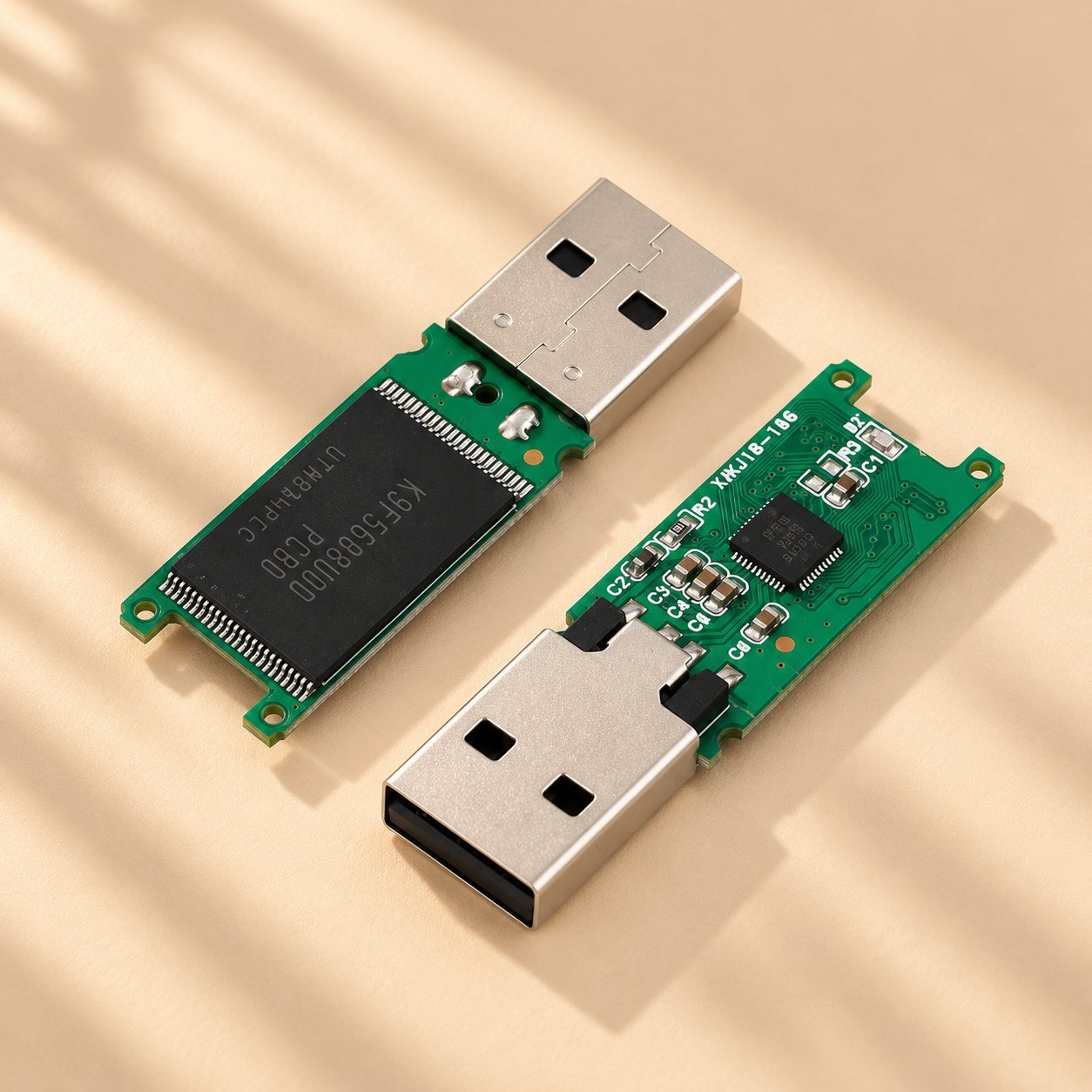 Tampilan rapat PCB pemacu USB menunjukkan cip memori NAND flash Samsung K9F560U00 yang besar dan cip pengawal lebih kecil pada PCB hijau.