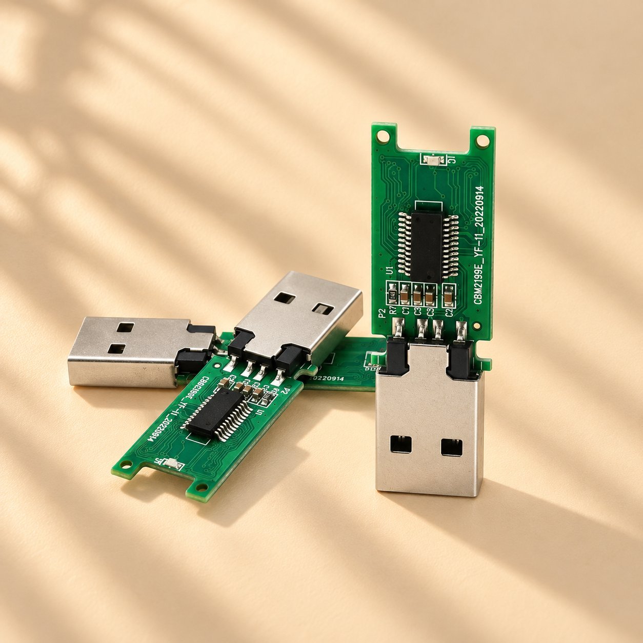 Tampilan rapat PCB pemacu USB menunjukkan IC pengawal, komponen pasif, dan penyambung USB-A, menggambarkan di mana pengawal duduk relatif kepada penyambung.