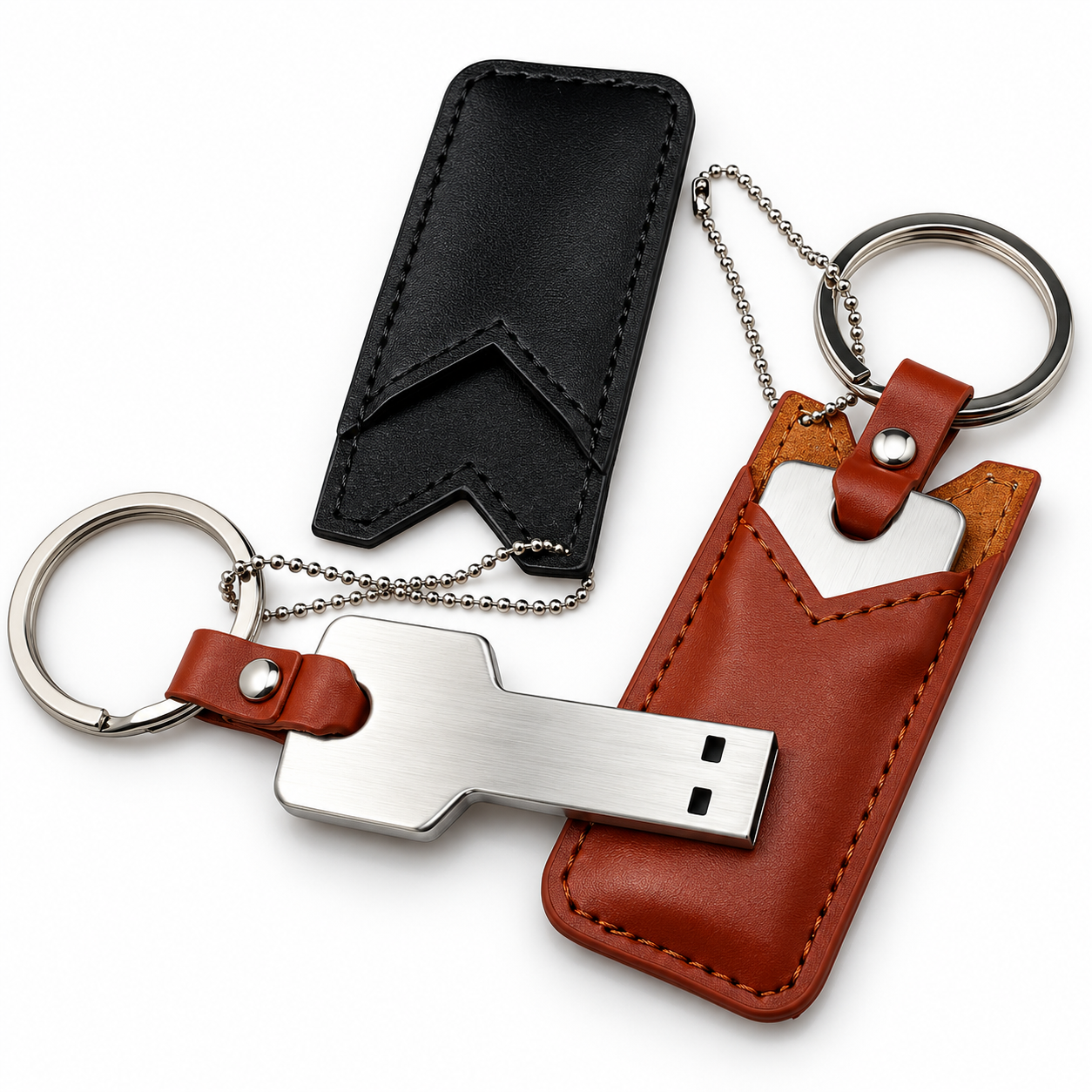 Key-shaped USB drive with black and brown stitched leather keychain sleeves