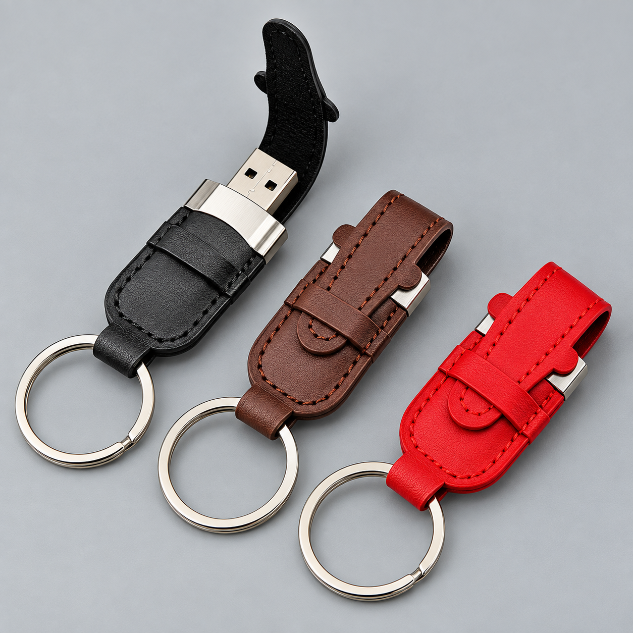 Black brown and red leather USB keyrings with stitched protective covers
