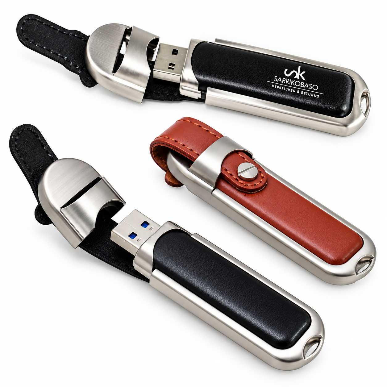 Black and brown leather USB drives with metal frames and open connectors