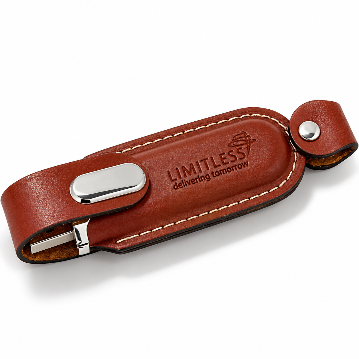 Brown leather USB flash drive with a pressed logo and contrast stitching