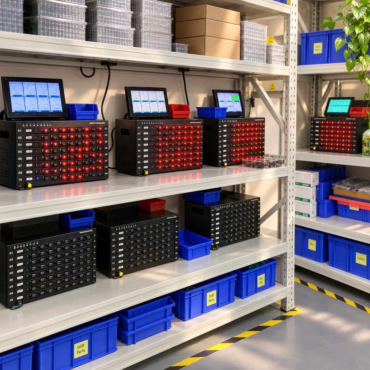 Banc d'essai de contrôle qualité d'usine montrant plusieurs clés USB insérées dans des baies de test à LED rouges pour le rodage et les tests de fiabilité, illustrant le type de preuves de test documentées qu'un acheteur peut demander à un fournisseur.