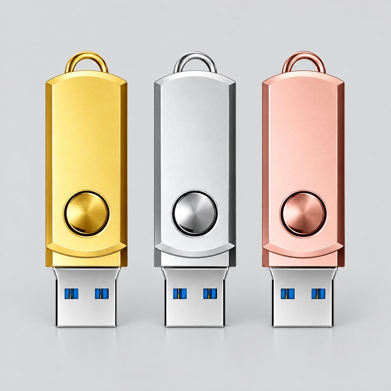 Tres memorias USB de metal redondeadas y con tapa tipo «chubby» en acabados oro, plata y oro rosa, mostrando el cuerpo redondeado grueso y la construcción de tapa de clip común en estilos premium de USB de metal.