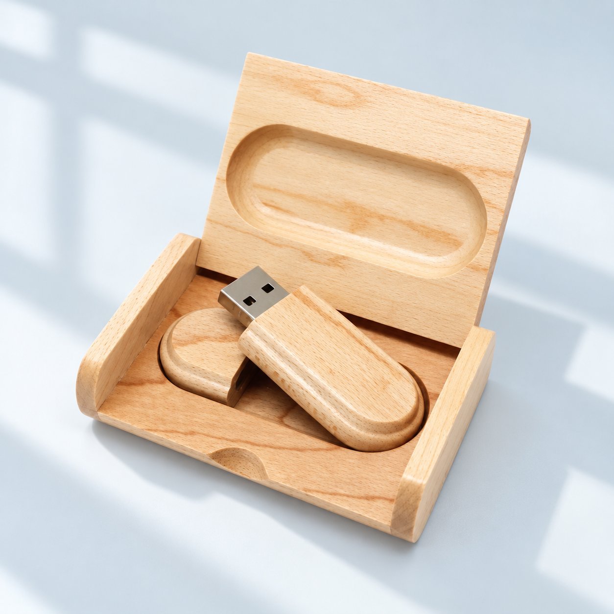 A wooden USB flash drive in a wooden presentation box, with the cap removed and the metal USB-A connector exposed, illustrating the final form of a wooden-cased drive ready for file preloading and shipment.