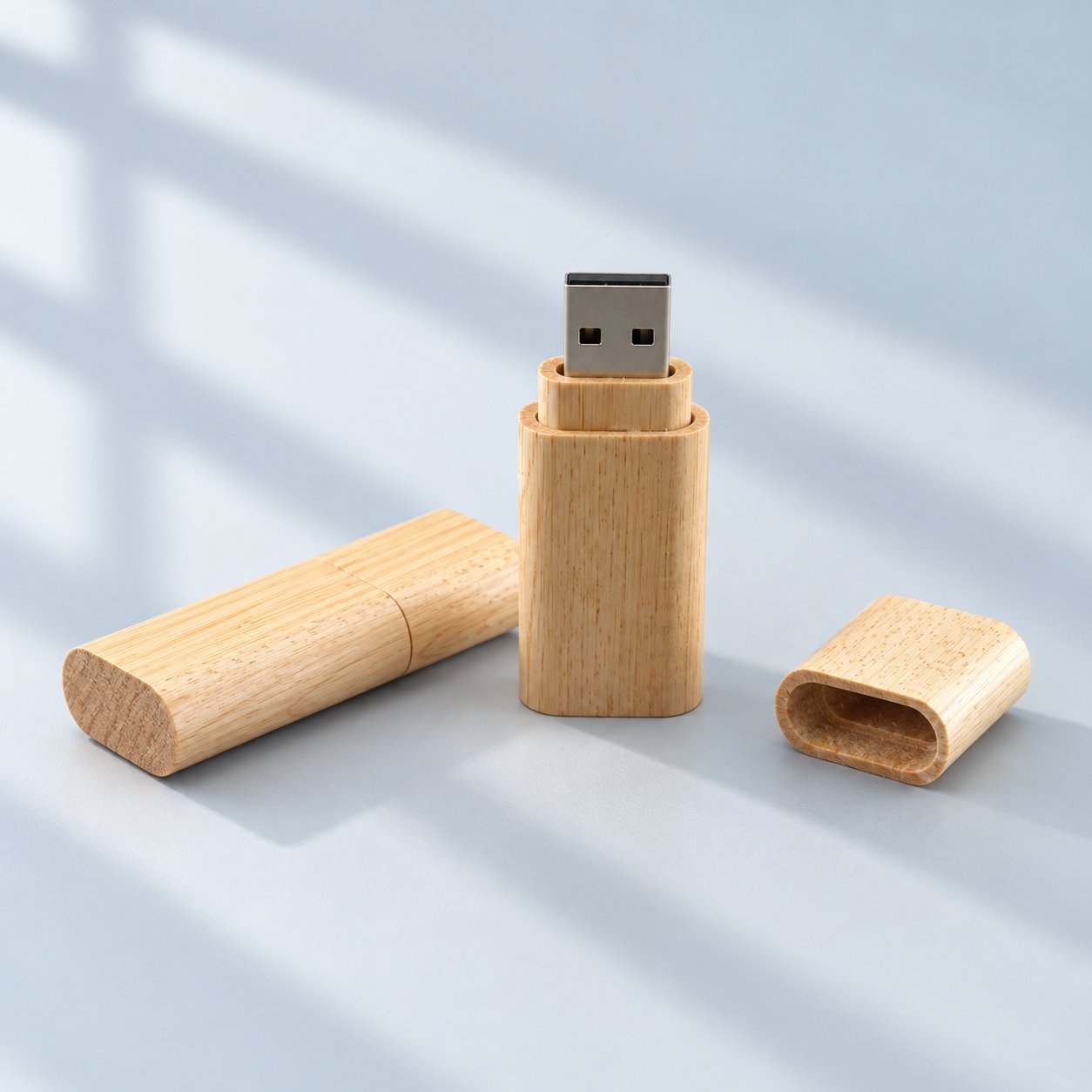 Three natural-bamboo cylindrical USB flash drives with one lying flat and one standing upright with its cap removed to show the USB connector, illustrating the construction of a bamboo-cased bulk preloaded drive.
