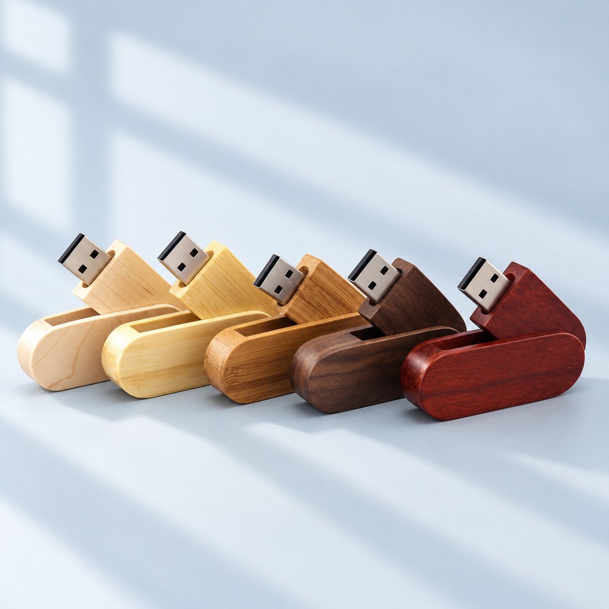 Five wooden USB flash drives lined up in a row showing different wood finishes from light maple on the left to dark mahogany on the right, illustrating the casing-style options available for a bulk preloaded wooden USB order.