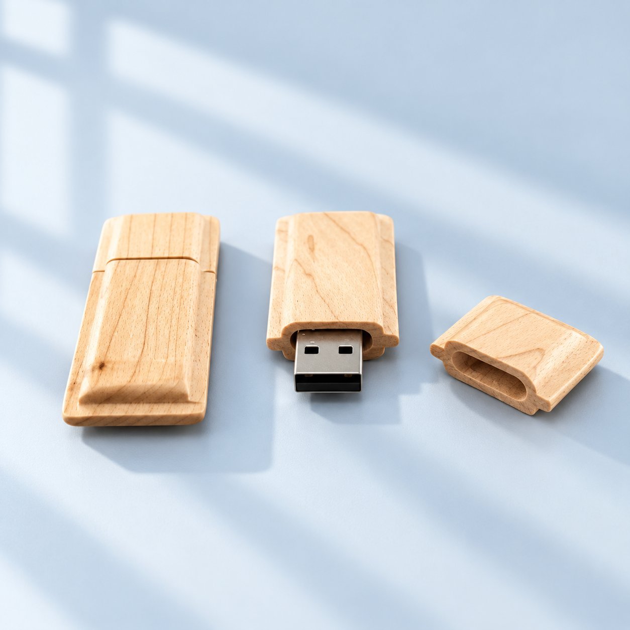 Two light-maple wooden USB flash drives on a desk, one fully assembled with the cap on and the other with the cap removed and the USB-A connector exposed, showing the simple two-piece construction used for most wooden drives.
