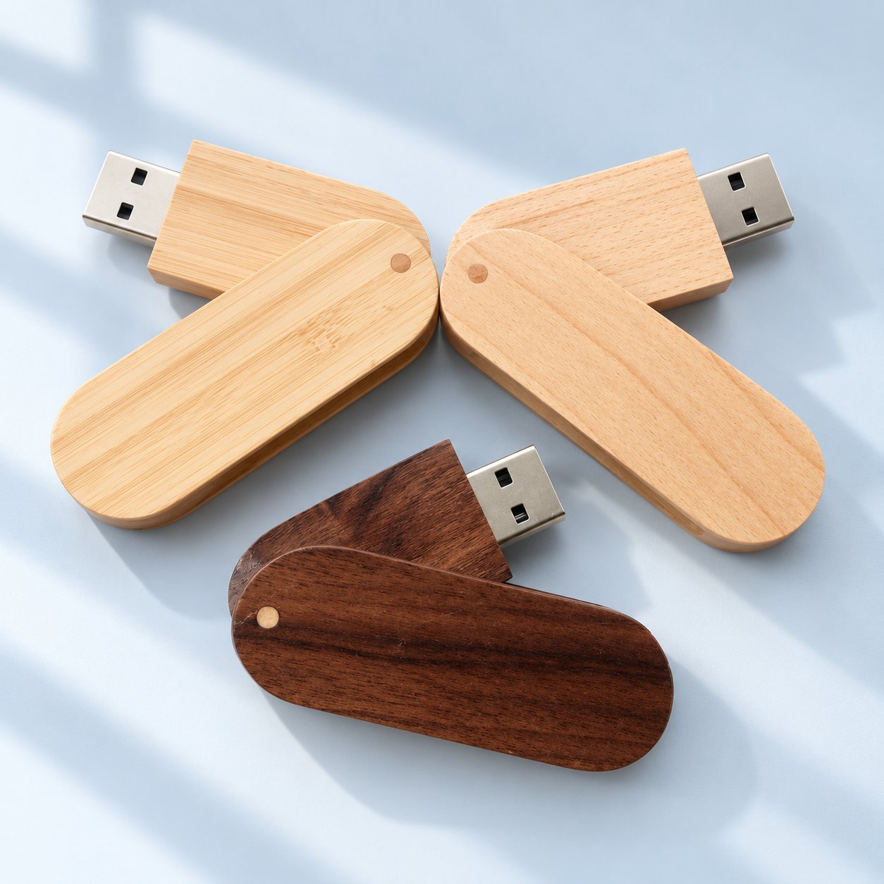 Three wooden swivel-style USB flash drives arranged in a fan, with two in light maple finish and one in dark walnut finish, the swivel covers rotated to expose the USB-A connector on each.