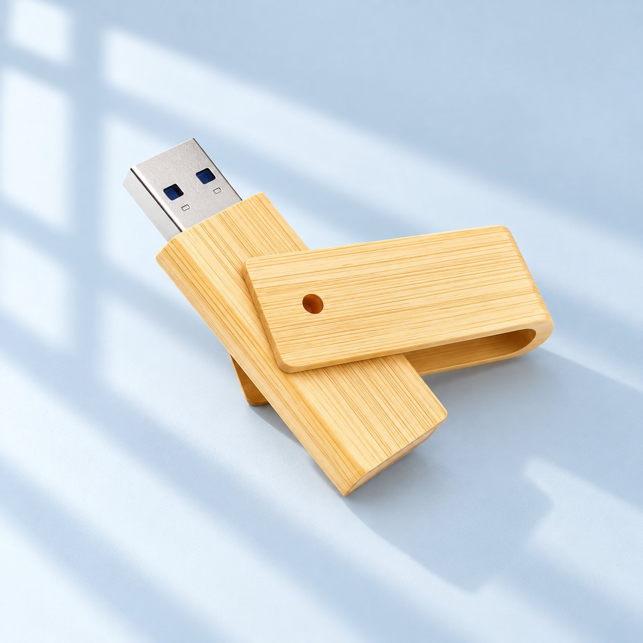 A bamboo swivel USB flash drive with the swivel cover rotated to expose the USB-A connector, illustrating an alternative capless wooden-cased form factor that can be preloaded in the same way as a standard cap-style drive.