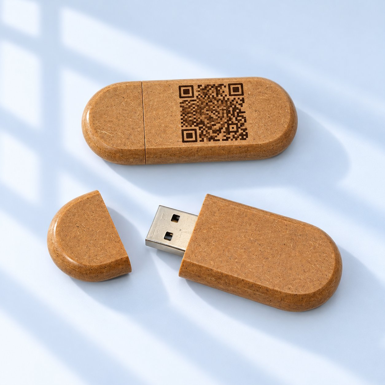 Two composite cork-style USB flash drives — the upper one closed with a QR code engraved on its body, the lower one disassembled showing the metal USB-A connector and a separate end cap, illustrating a multi-piece wooden-body construction that affects the usable engraving surface for a QR code.