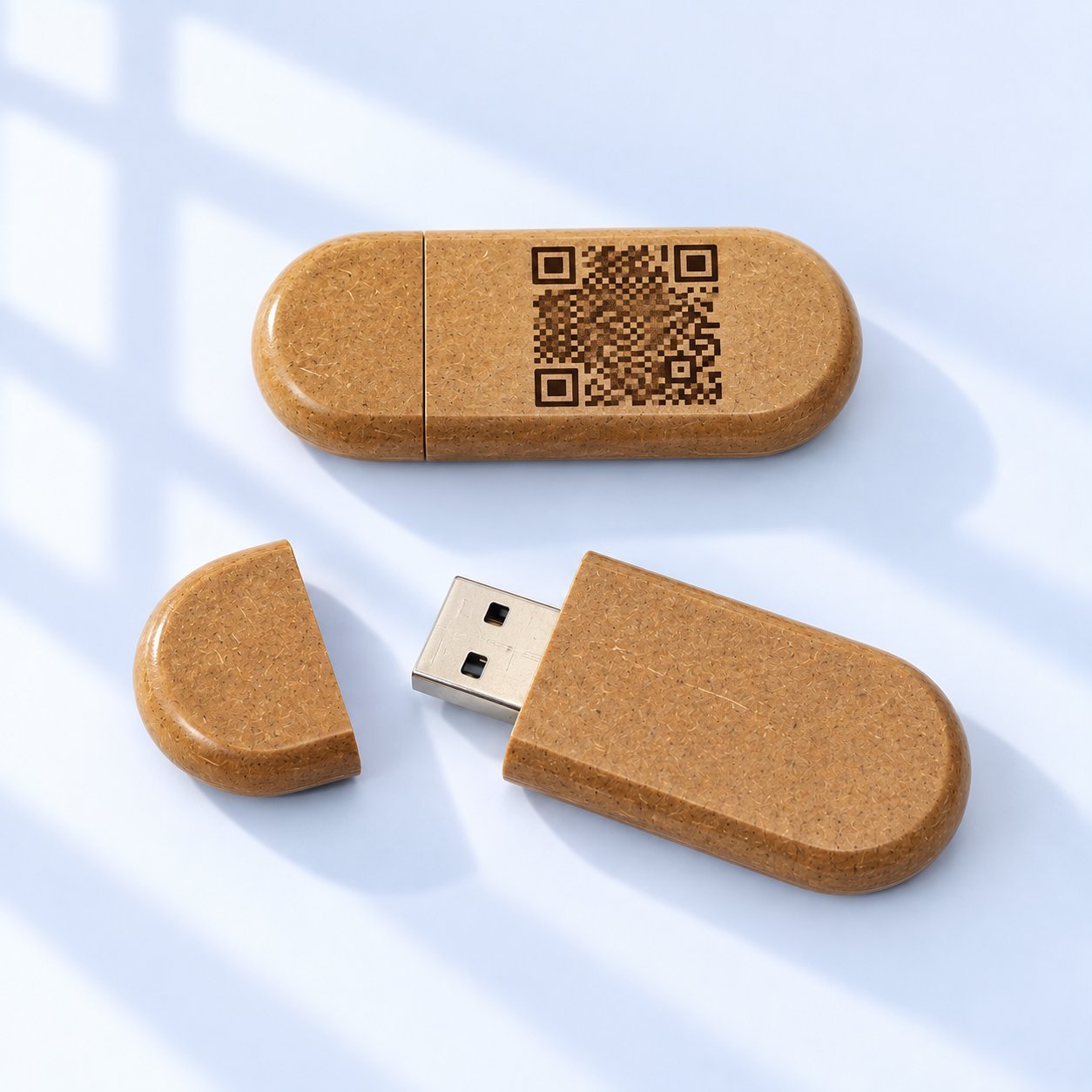 Two cork-style wooden USB flash drives shown alongside each other — the upper drive whole with a QR code visible on its surface, the lower drive split open to expose the USB-A connector, illustrating the contrast between a closed engraving surface and the internal layout that limits usable engraving area on multi-piece wooden drives.