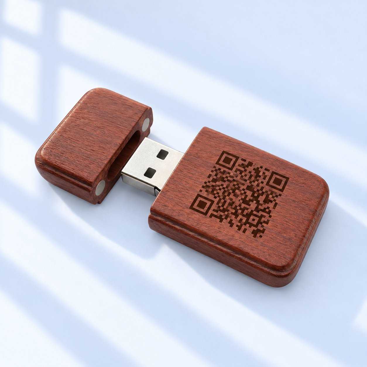 Two dark-walnut wooden USB flash drives — one with a hinged cap closed beside a QR code engraved on the body, the other disassembled showing the USB-A connector exposed between two cap pieces, illustrating how a darker wood species tends to give better contrast for an engraved QR code than a lighter wood does.