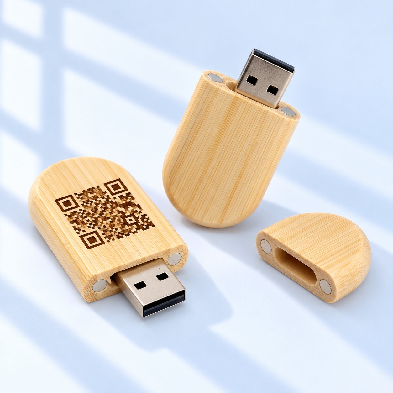 Three light-bamboo wooden USB flash drives arranged together — one with a QR code engraved on its body, one with the cap removed and the USB-A connector exposed, and one small cap piece, showing the parts of a typical bamboo wooden drive and the working space available when engraving a scannable code onto the body.
