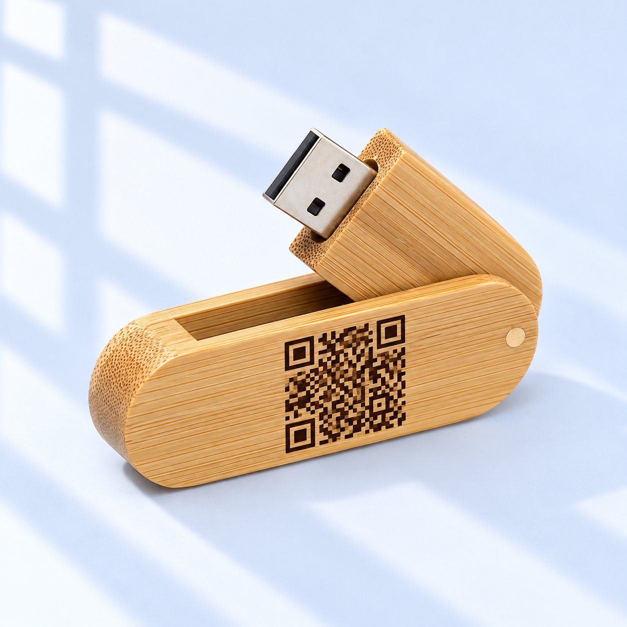 A bamboo swivel-style USB flash drive with the USB-A connector flipped out from the body and a QR code laser-engraved on the side of the bamboo casing, illustrating the swivel form factor as an alternative body style for placing a scannable code on a wooden drive.