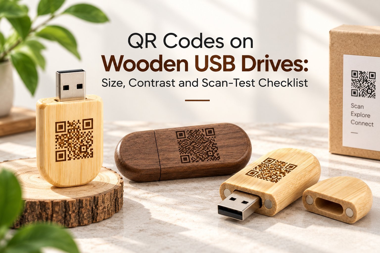 QR Codes on Wooden USB Drives article header — light bamboo and dark walnut wooden USB drives each engraved with a QR code, shown alongside a kraft presentation box also marked with a scannable QR.