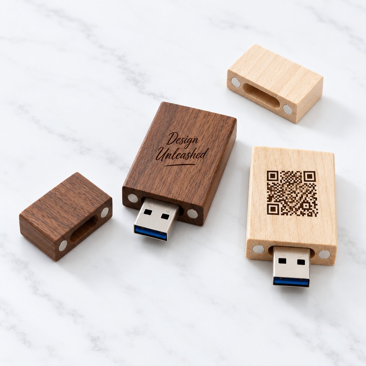 Two black-matte USB-C flash drives and one swivel-style metallic USB-A drive, each laser-engraved with a different brand monogram — showing how the same custom-mold order can look consistent across multiple form factors when production runs are matched.
