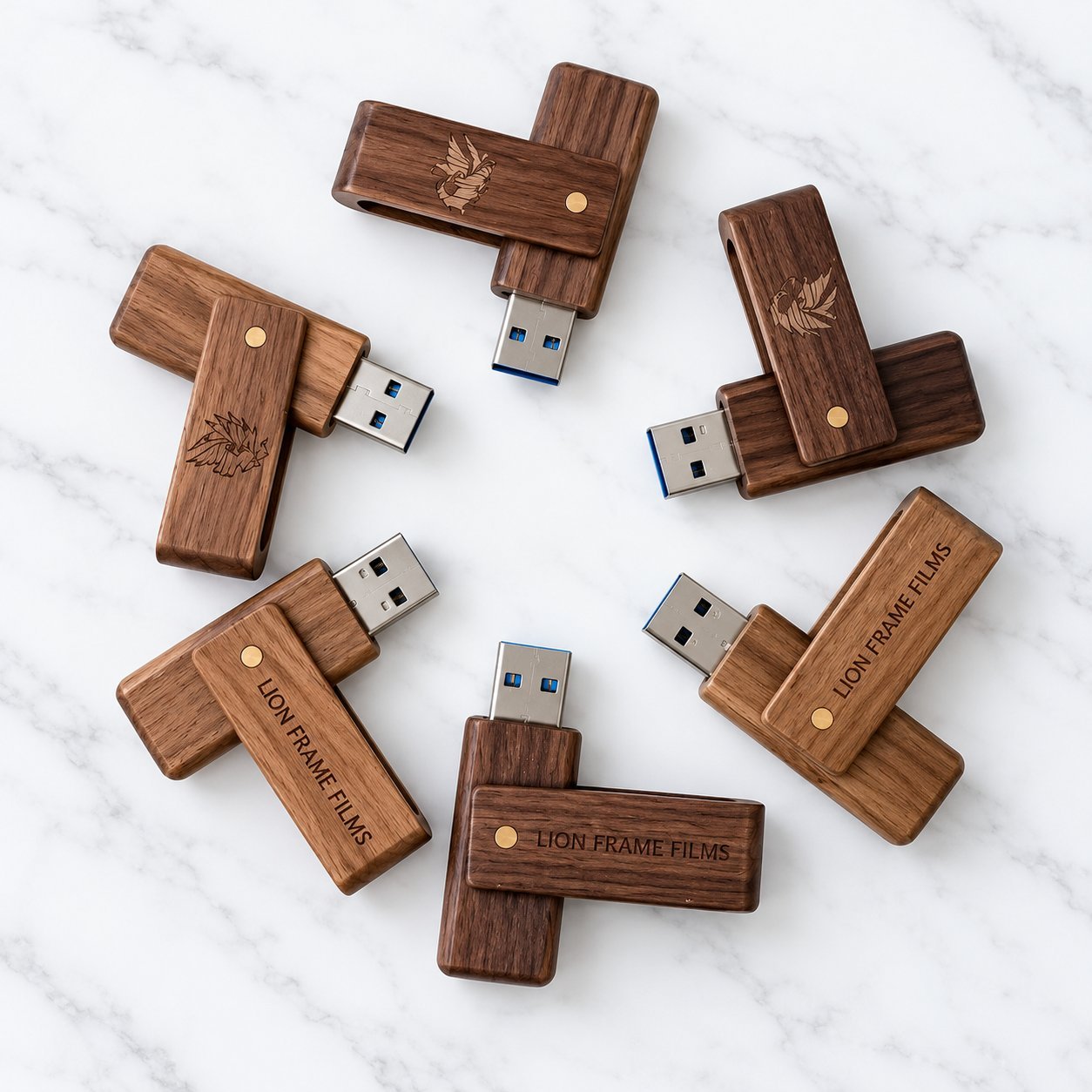 An open wooden gift box showing a RONC-branded wooden USB drive in its foam insert, alongside a row of five wooden USB drives in different wood finishes — light maple, bamboo, cherry, walnut and mahogany — illustrating the wood-tone range buyers need to keep on file when comparing a fresh sample against the original approved reference.