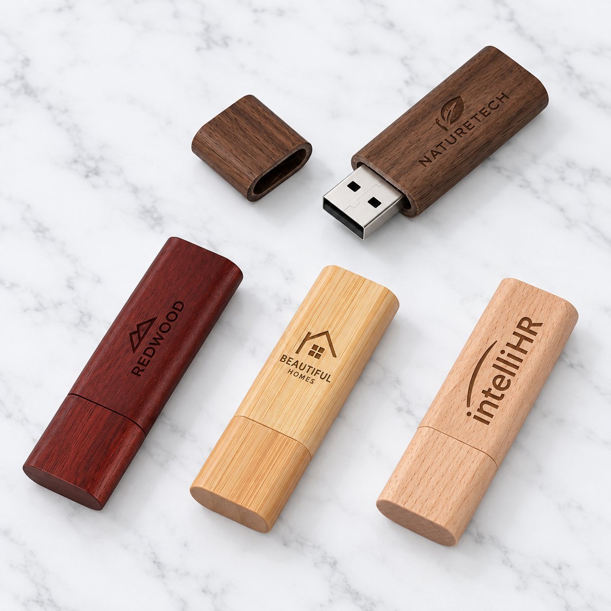 Six dark-walnut wooden USB flash drives arranged in a circle on a marble surface, each engraved with the LION FRAME FILMS logo and shown with its swivel cover in different positions — illustrating how a single production run produces multiple units that all share the same wood species, finish, and engraving method while still showing natural grain variation between pieces.
