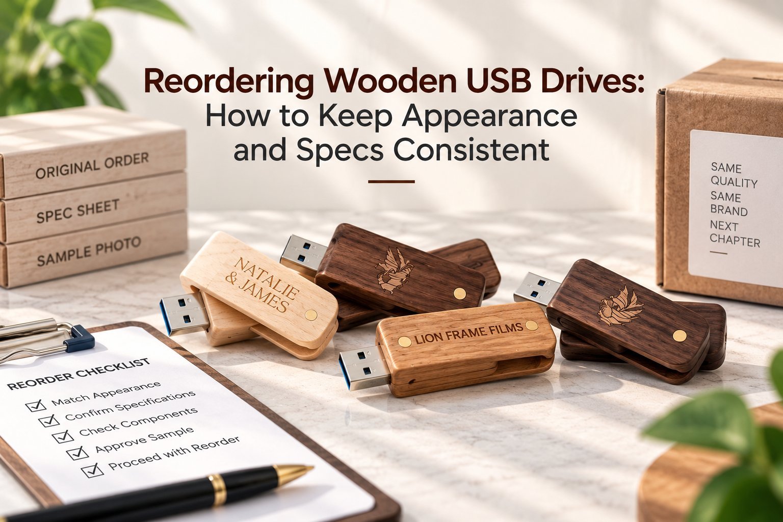 Reordering Wooden USB Drives article header — composite showing a reorder checklist reading original order, spec sheet, sample photo, dark walnut wooden USB drives engraved with brand logos (Lion Frame Films, Natalie & James), and a kraft presentation box marked 'Same Quality, Same Brand, Next Chapter.'