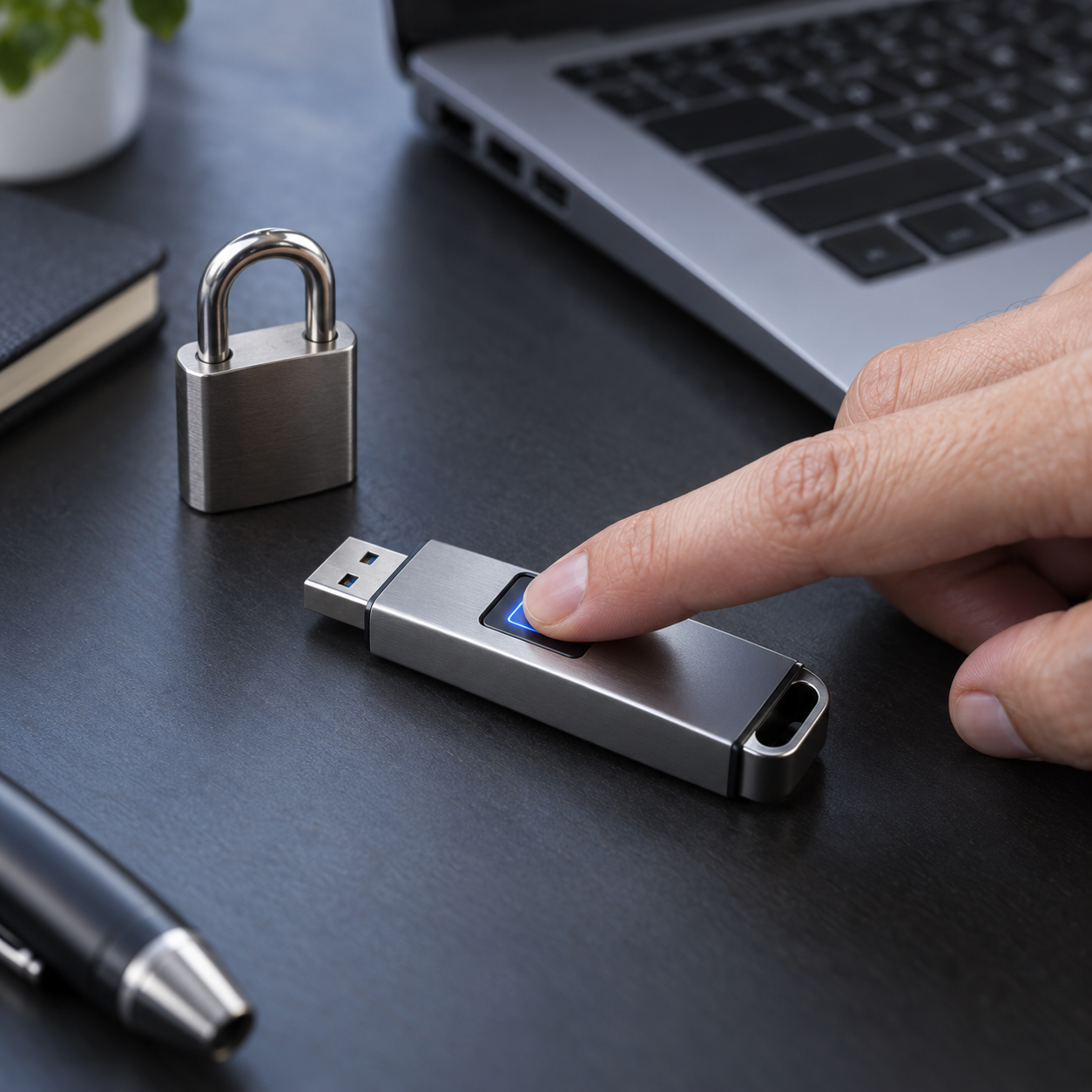 Finger touching the illuminated sensor on a USB drive beside a laptop and padlock
