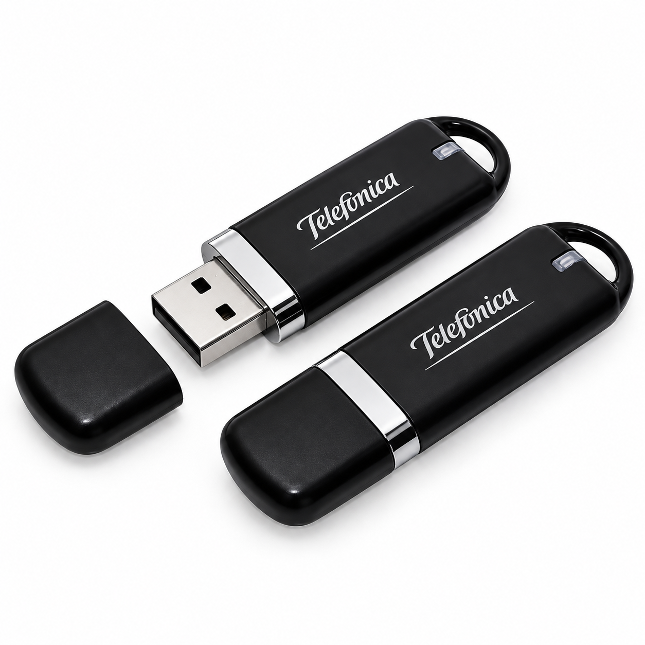 Two black capped USB flash drives with white logo branding