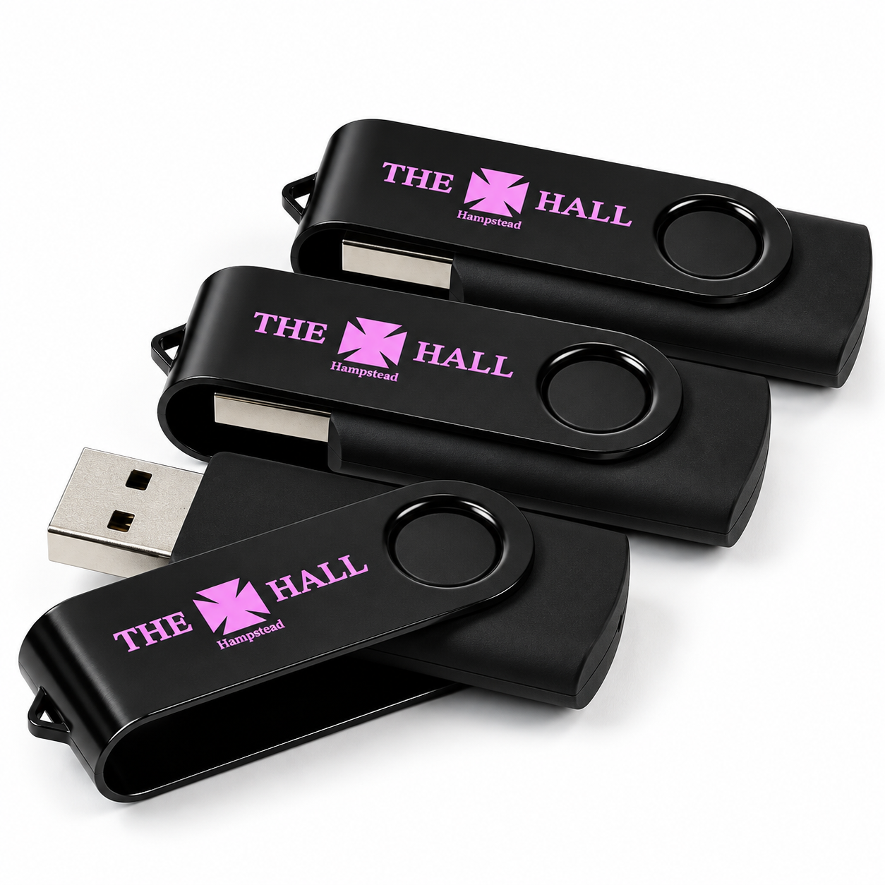 Three black swivel USB flash drives with pink logo branding
