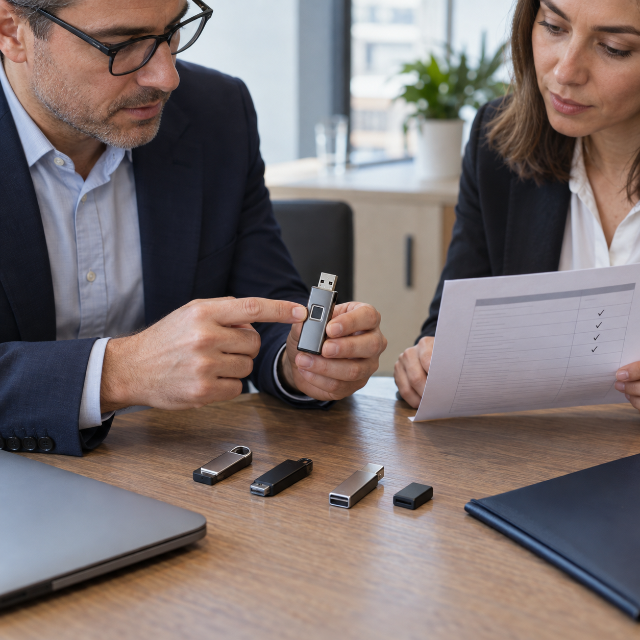 Two people reviewing a USB drive and a procurement checklist