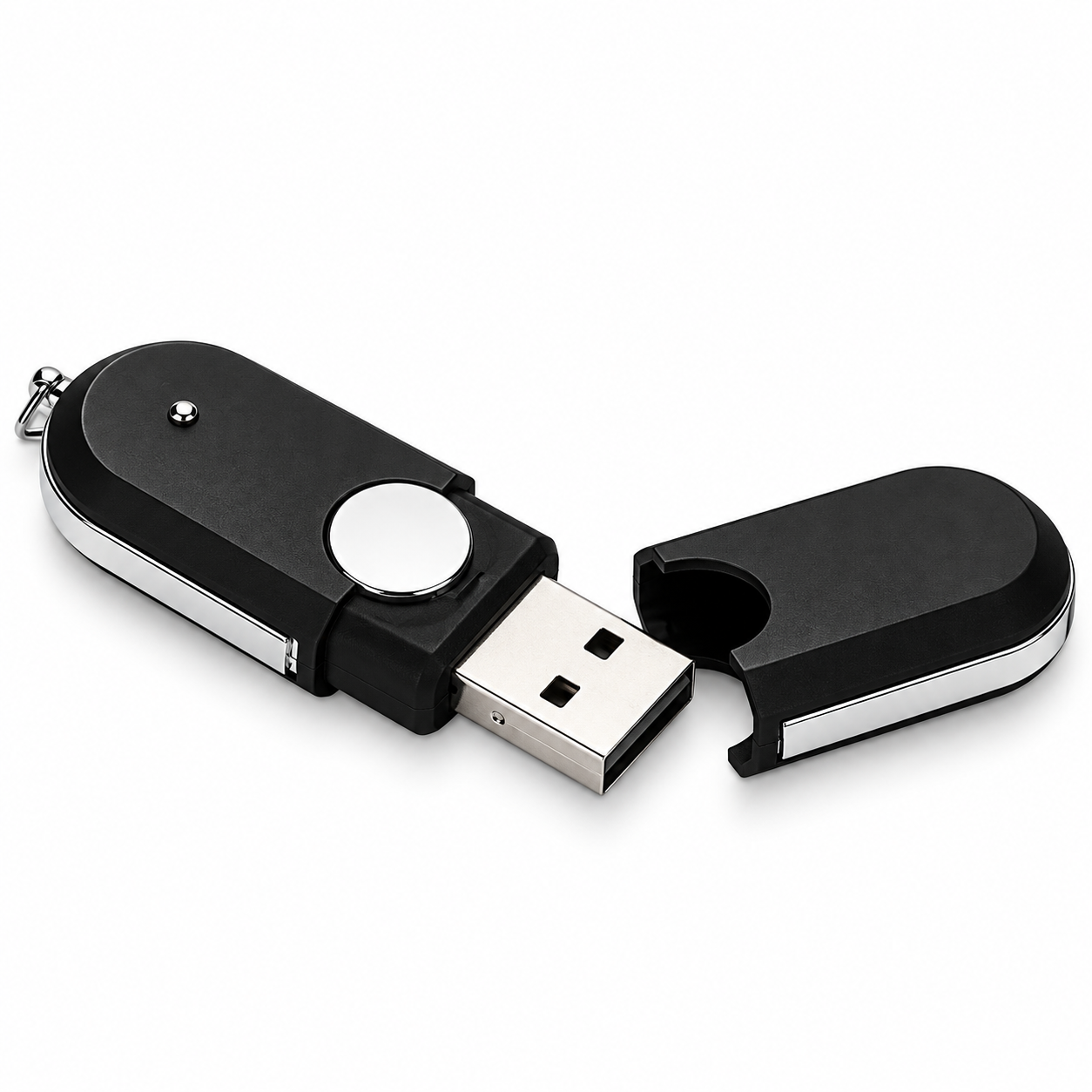 Black USB flash drive with silver trim and its protective cap removed