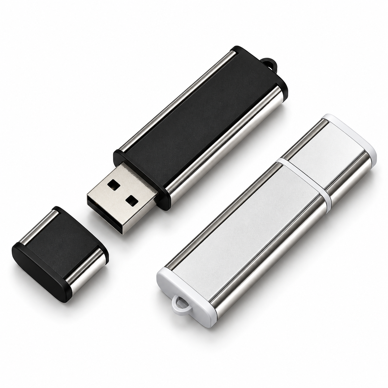 Black and silver USB flash drives with removable protective caps