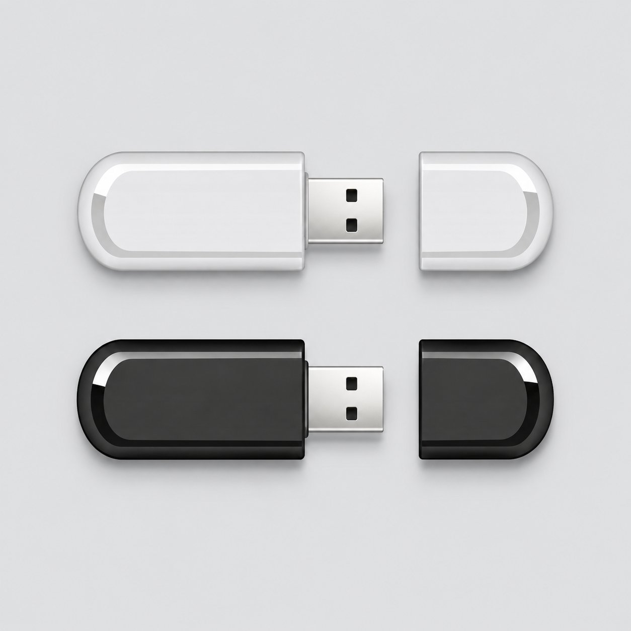 Kapakları çıkarılıp gövdenin yanına konmuş, beyaz ve siyah iki düz plastik USB bellek; çoğu kapasite kademesinde düşük maliyetli toptan promosyonlar için kullanılan standart temel şekli gösterir.