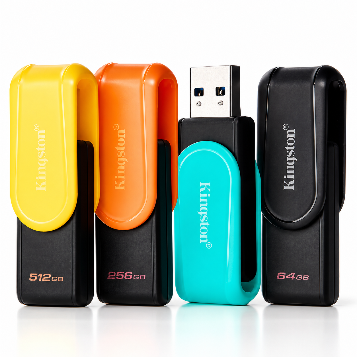 Colorful swivel USB drives with 64GB 256GB and 512GB capacity markings