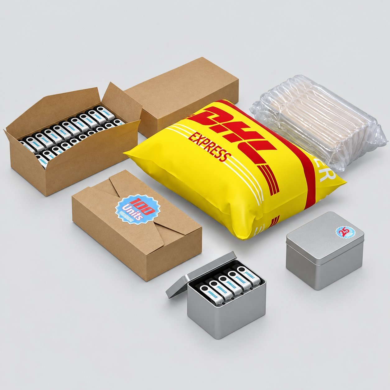Karton kutular, sarı bir DHL Express sevkiyat torbası, balonlu naylonla sarılmış bir yığın ve içinde USB sürücüler bulunan küçük gümüş bir teneke kutu çeşitliliği; USB siparişlerini göndermek için kullanılan tipik ambalaj dilimlerini göstermektedir.