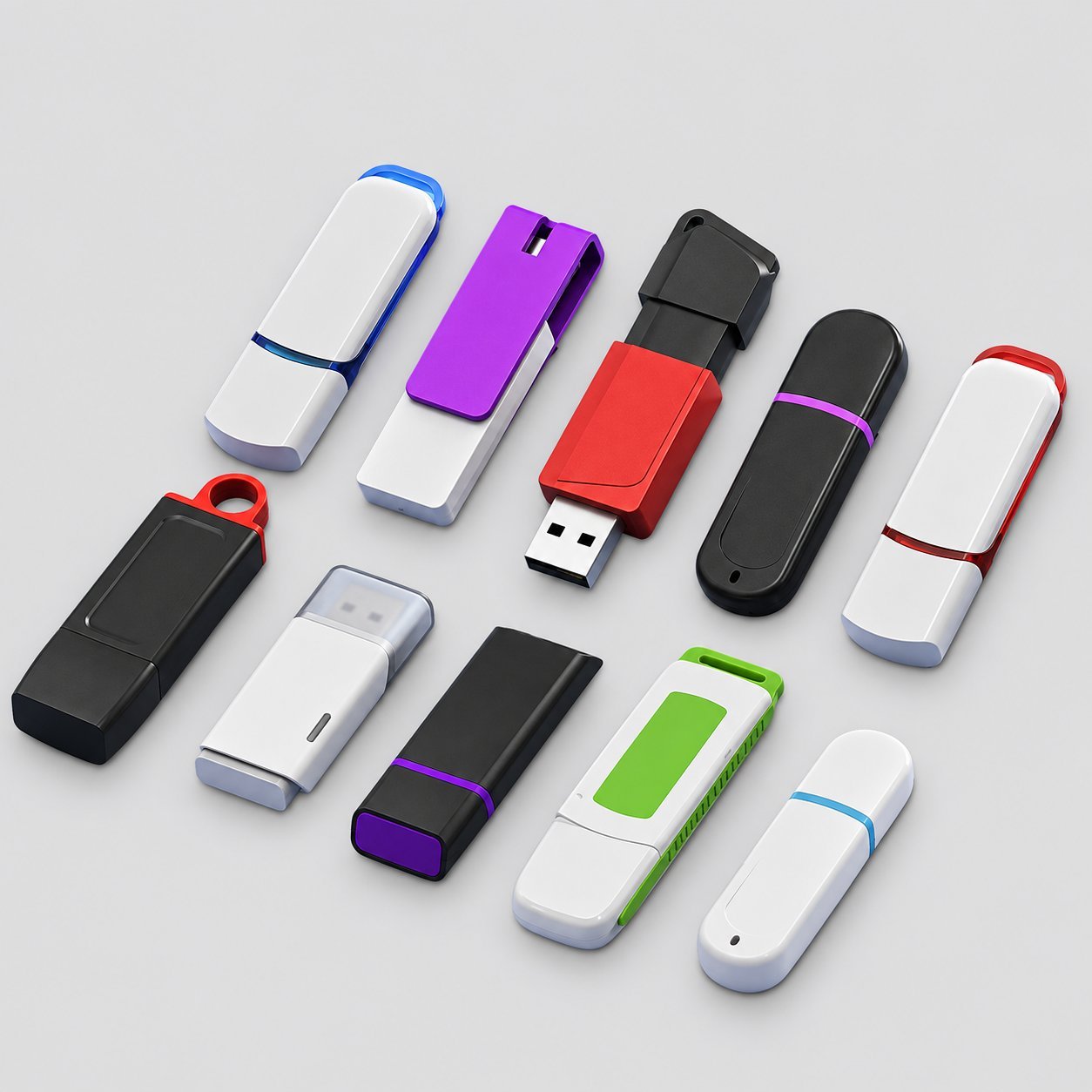 Beyaz, mavi, kırmızı, siyah, mor ve yeşil çeşitli renkli kaplamalarda bir dizi plastik USB bellek; yaygın kapasite dilimleri boyunca düşük maliyetli toptan promosyon siparişleri için kullanılan standart plastik kasa aralığını göstermektedir.