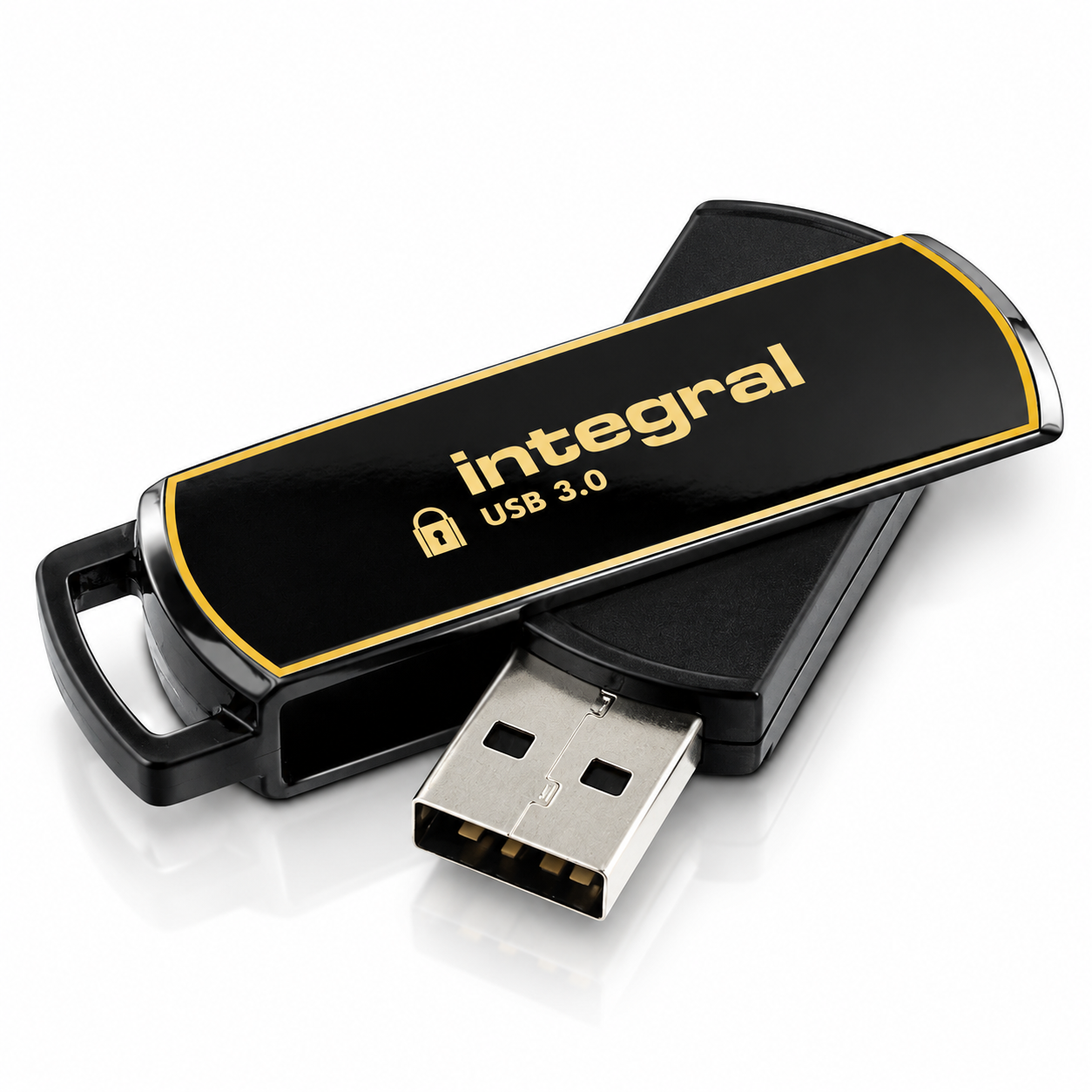 Black swivel USB drive with a USB 3.0 label and exposed Type-A connector