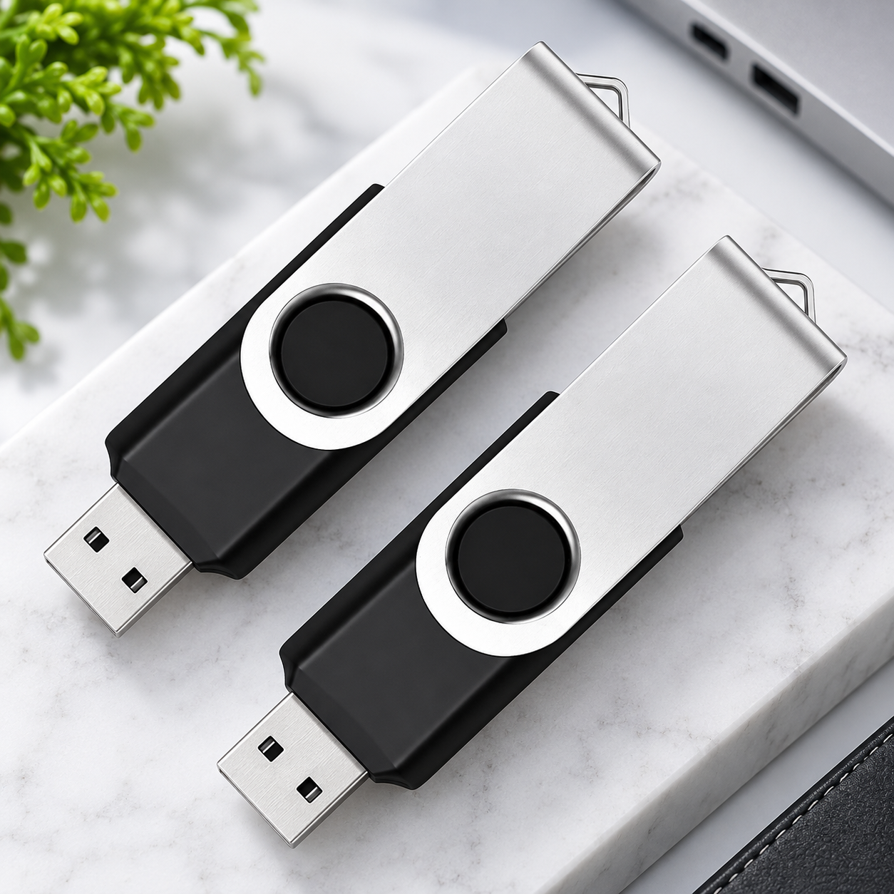Two black and silver swivel USB flash drives beside a laptop