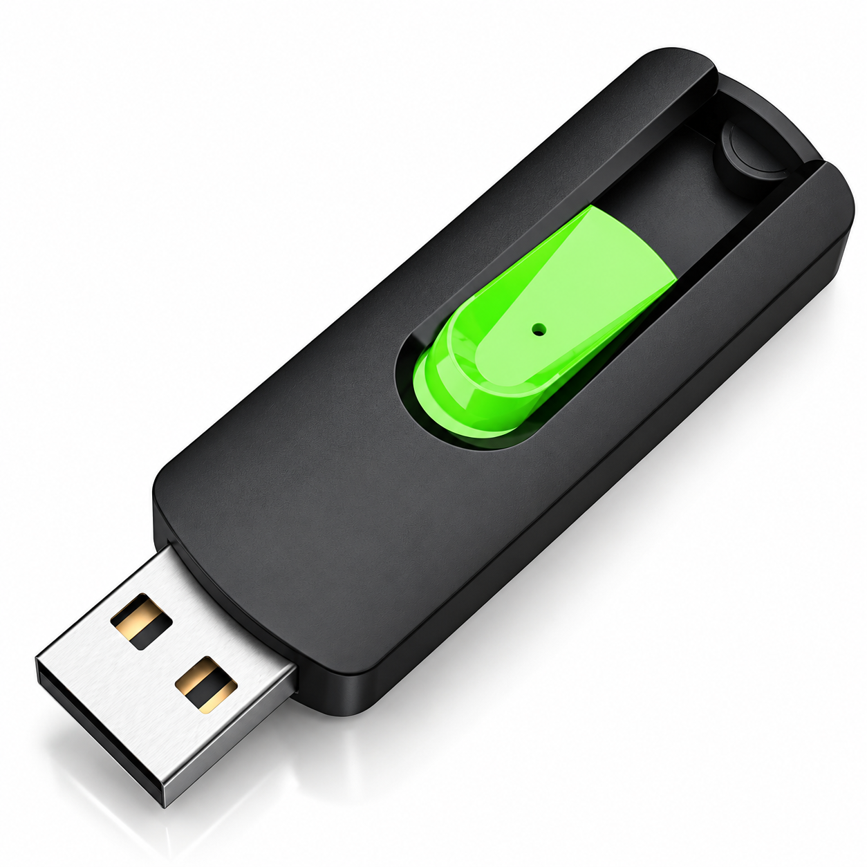 Black USB drive with a green slider and exposed Type-A connector