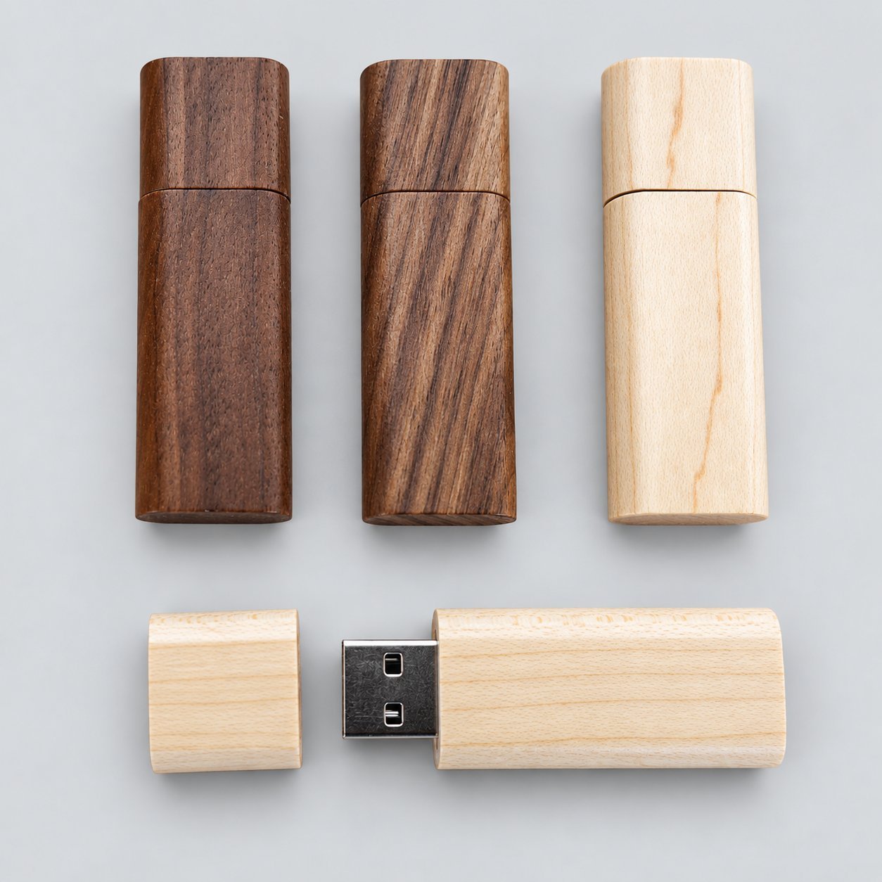 Four cylindrical wooden USB drives — three closed (one walnut, two in mixed walnut/maple shades) and one opened with the cap removed to expose the USB-A connector — laid out in a row to illustrate size comparison across an order.