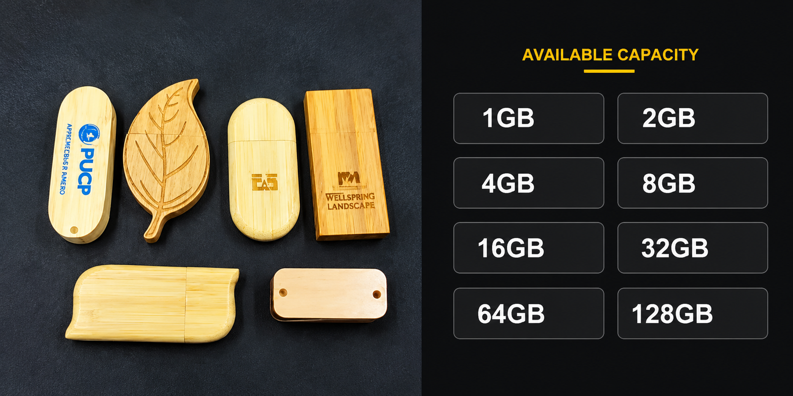 Wooden USB drives with capacity tags from 1GB to 256GB