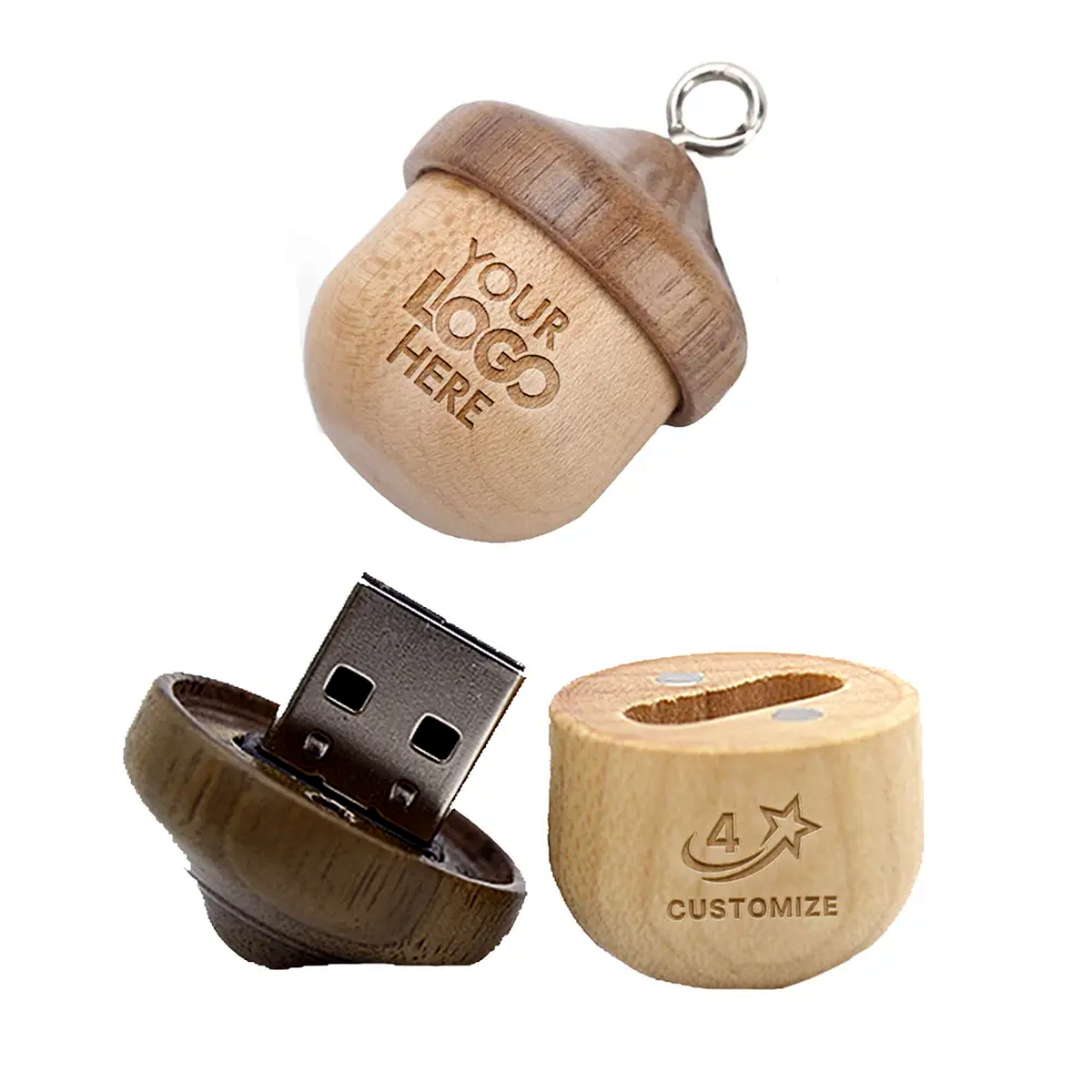 Acorn shape wooden USB drive with custom logo engraving