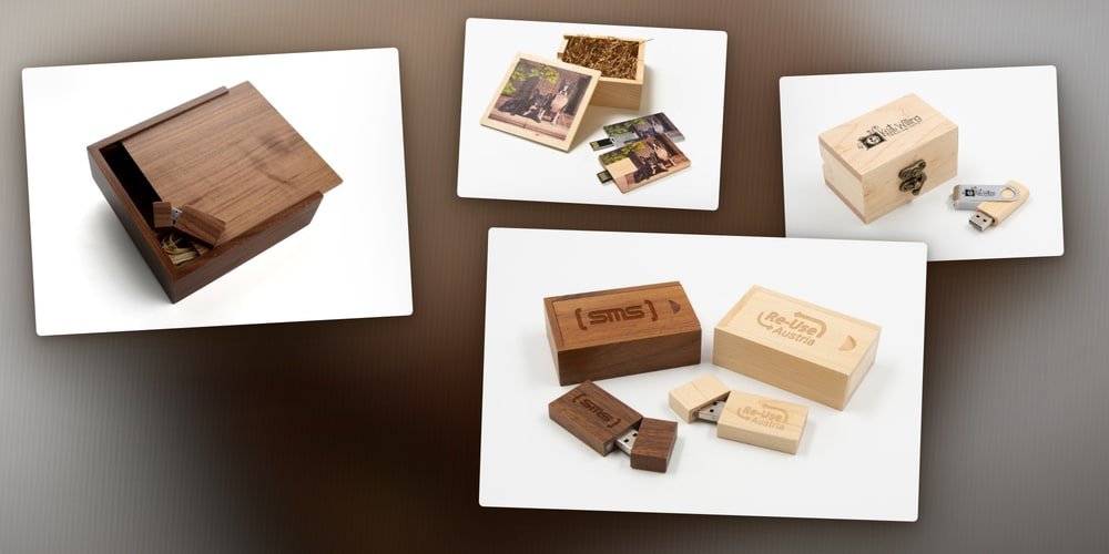 Bulk wooden USB packaging scene with four wooden boxes and wooden USB flash drives on a dark wooden table