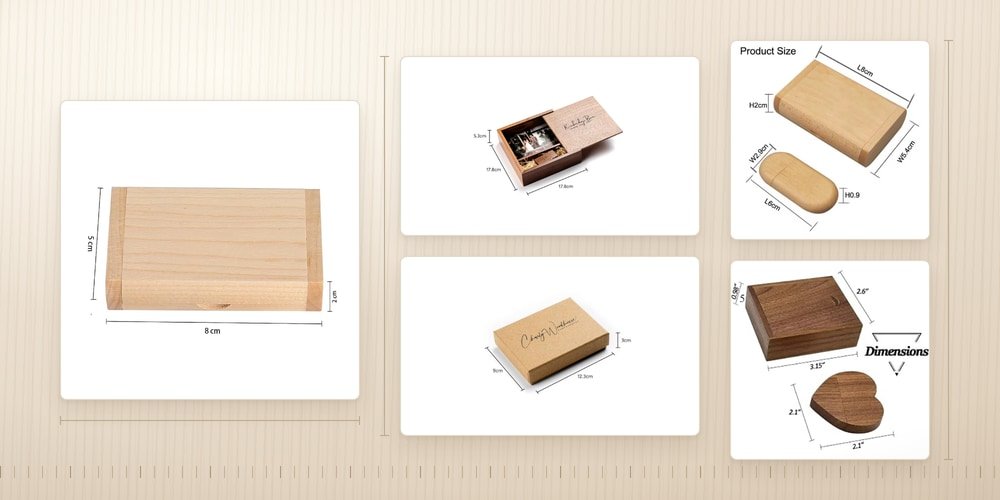 Dimension chart of wooden USB gift boxes: maple slide-lid box 8x5x2cm, walnut photo box 17.8x17.8x5.3cm, oval wooden USB drive and kraft paper box with measurements