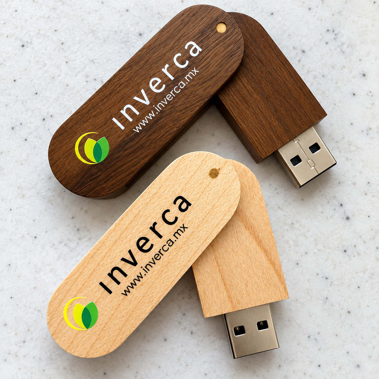 Branded swivel wooden USB drives with logo printing
