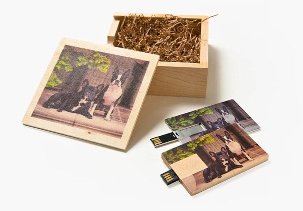 Card-style wooden USB flash drive packed in a wooden box with shredded paper filler