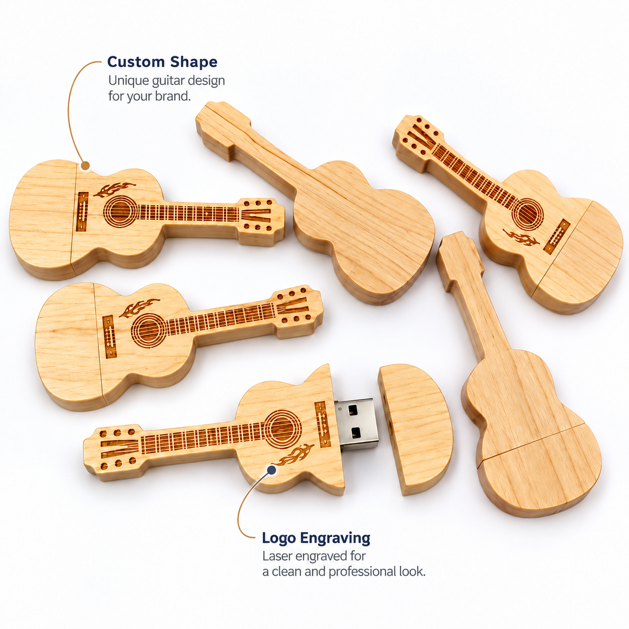 Custom guitar shape wooden USB drives with logo engraving callouts