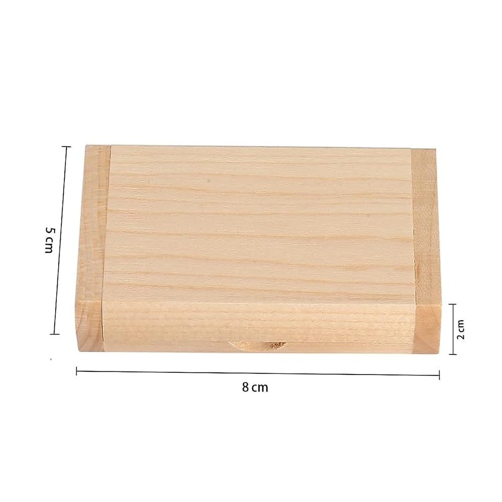 Compact maple wooden USB box with slide lid, dimension arrows showing 8 cm long, 5 cm wide and 2 cm tall.