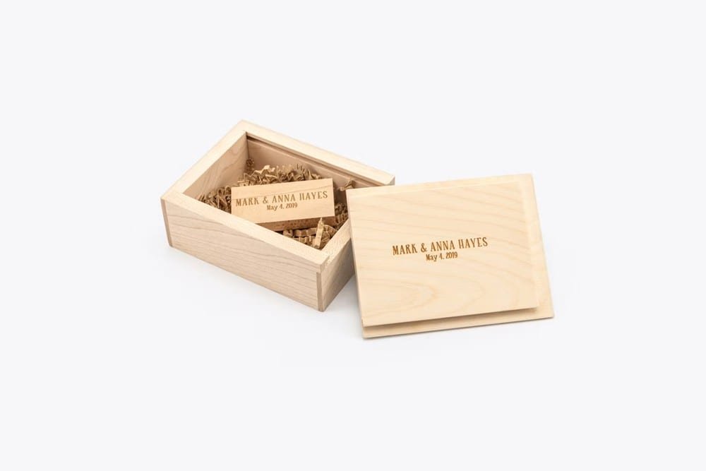 Laser engraved maple wood USB flash drive in a matching engraved wooden box